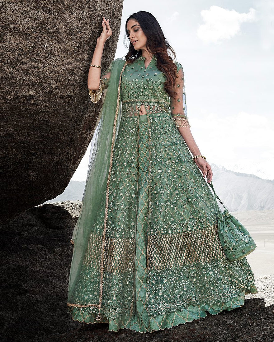 Light Green Hand Embroidered Designer Gown 162GW09